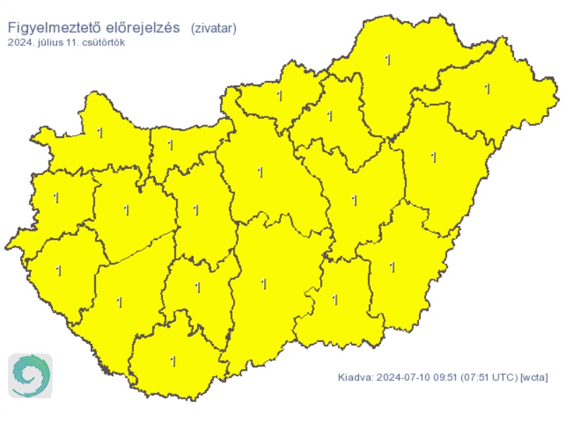 A HungaroMet zivatarokra figyelmeztet. Forrás: met.hu