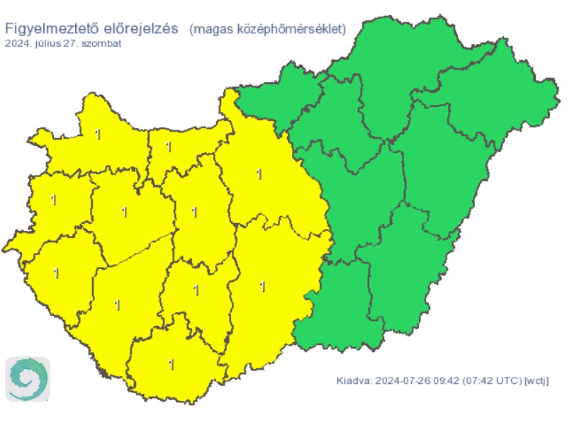 Citromsárga figyelmeztetés van érvényben szombaton. Forrás: met.hu