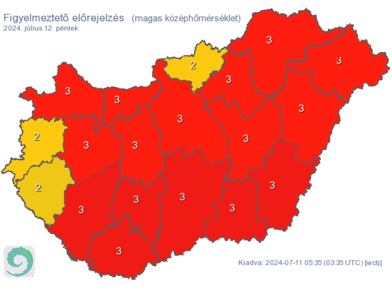 Hőség várható pénteken. Forrás: met.hu