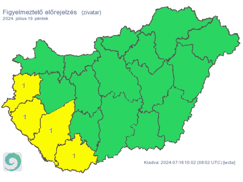 Pénteken eső várható több vármegyében. Forrás: met.hu