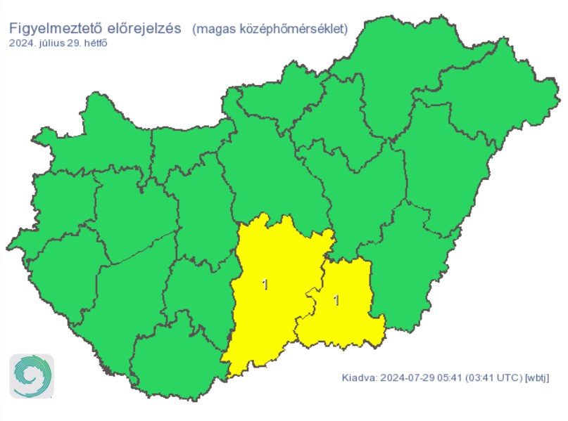 Riasztást adtak ki hétfőre két vármegyére. Forrás: met.hu