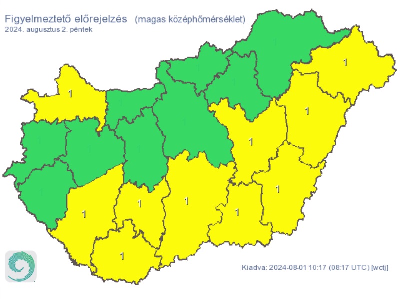 A magas középhőmérséklet miatt adtak ki riasztást. Forrás: met.hu