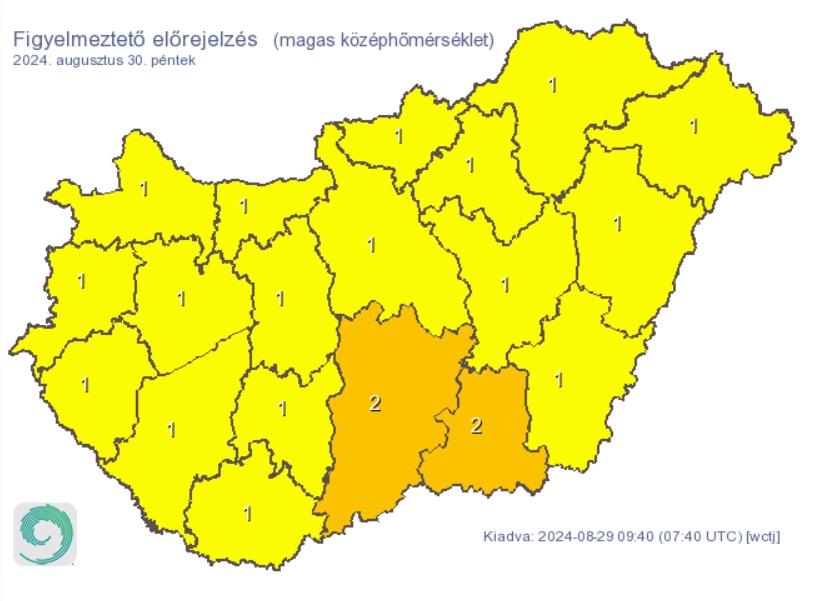 Forróság lesz a hét utolsó munkanapján. Forrás: met.hu, időjárás, előrejelzés, térkép