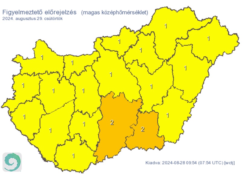 Forróság várható csütörtökön is. Forrás: met.hu, térkép, időjárás, előrejelzés