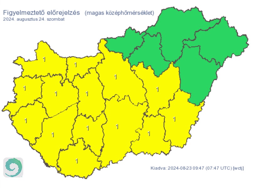 Hőség várható szombaton. Forrás: met.hu, időjárás, időjárás-előrejelzés, térkép forróság, nyár