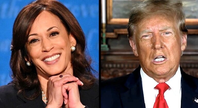 Kamala Harris és Donald Trump, fekete öltöny, fehér ing, festmény, usa, elnökjelölt