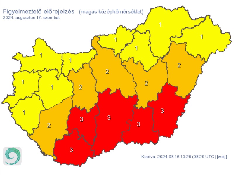 Riasztás van érvényben országszerte a hőség miatt. Forrás: met.hu