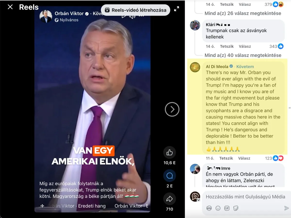 Al Di Meola kommentelt Orbán Viktornak