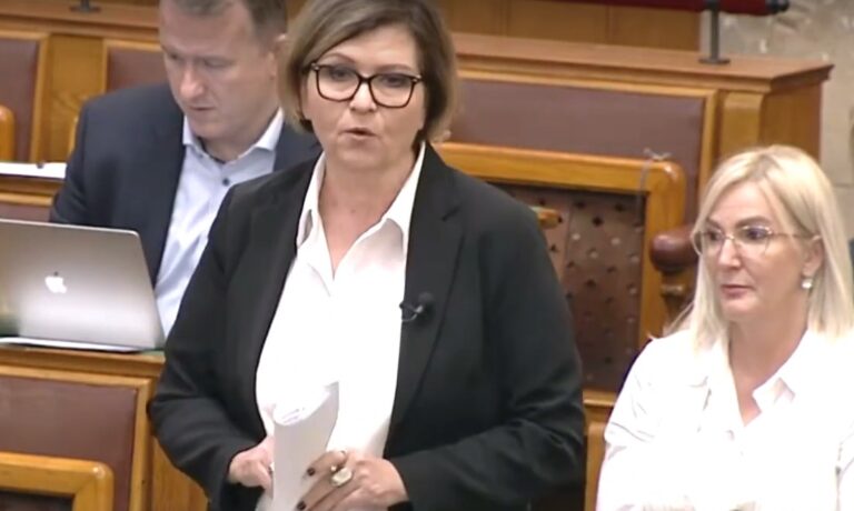 Kálmán Olga fekete blézerben, fehér ingben, barna hajjal, fekete keretes szemüvegben felszólal a Parlamentben.