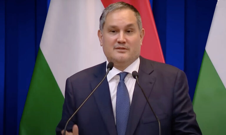 Nagy Márton magyar zászlók és kék függöny előtt tart sajtótájékoztatót két kis mikrofonba beszélve