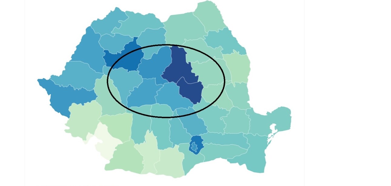 A részvételi arány növekedése a romániai elnökválasztáson az első és a második forduló között. Minél sötétebb árnyalattal jelöltek egy megyét, annál nagyobb arányban nőtt a részvétel a második fordulóban a megelőzőhez képest. A karikával jelölt megyékben a legjelentősebb a magyarok aránya. (Forrás: Transtelex, karikázás: NYF)
