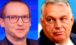 Demeter Szilárd szemüvegben, kék hátterű stúdióban vigyorog a kép bal oldalán, Orbán Viktor megdöbbent fejjel balra néz a kép jobb oldalán barna bőrszínnel.